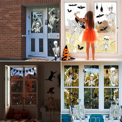 Large Halloween Window Clings, Skeleton Window Stickers Double-Sided Home Bats Sticker Decals Extra Large Halloween Decorations Indoor Outdoor Room Glass Party Decor