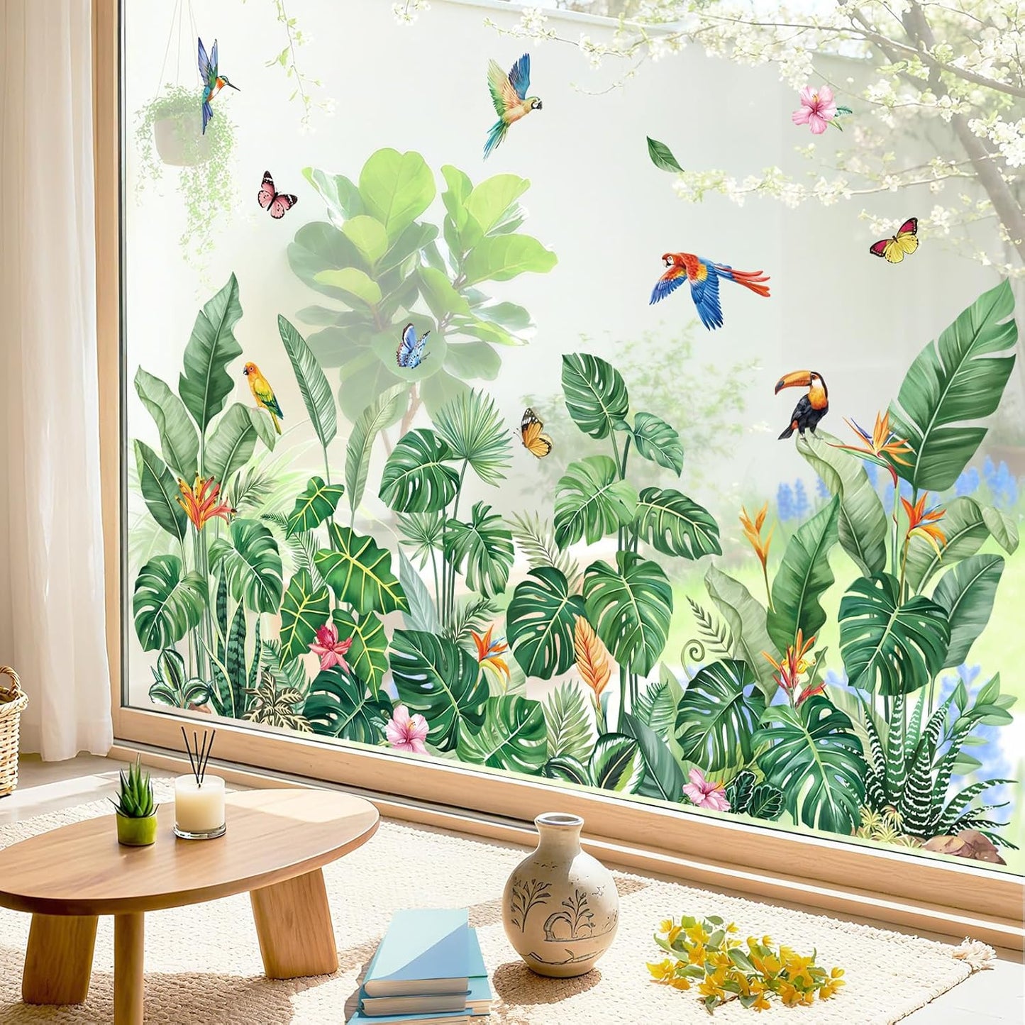 decalmile Window Clings Tropical Leaves Green Reusable Windows Decals