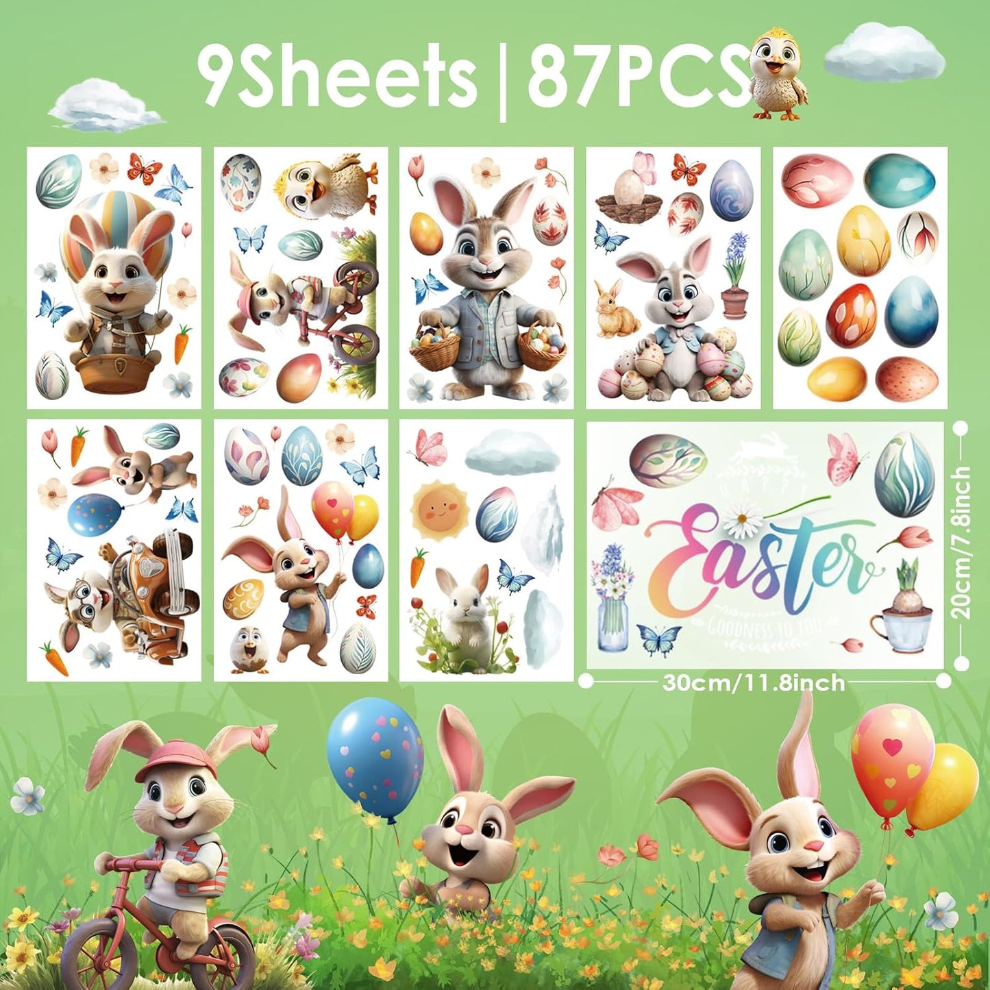 Hianjoo 87 PCS Easter Window Clings, 9 Sheets Easter Egg Window Clings Stickers for Window Decor, Double Sided Bunny Window Cling Decorations with Chick Flower Butterfly Carrot