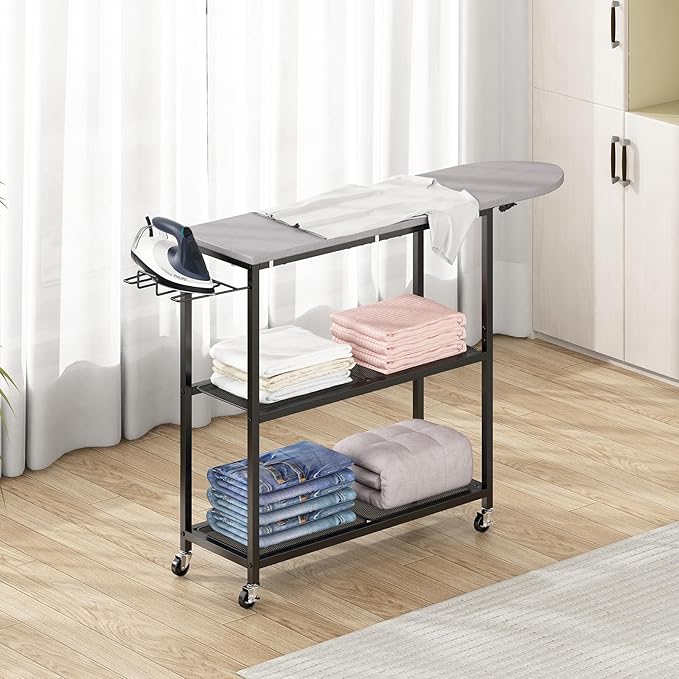GILLAS Ironing Board with 2 Tier Storage Basket, Movable Ironing Board Full Size by GILLAS