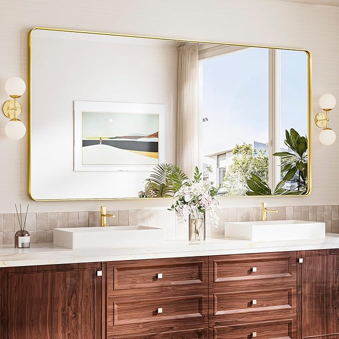 TokeShimi 72x36 Brushed Gold Bathroom Mirror, Tempered Glass, Bathroom Wall by RefinedBathroomAccessories