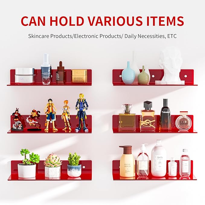 15 Inches Red Acrylic Shelves, Wall Mounted Shelves - Image 4