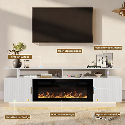 70” Fluted TV Stand with 36” Electric Fireplace, 2 Tier TV Console Cabinet with - Image 8