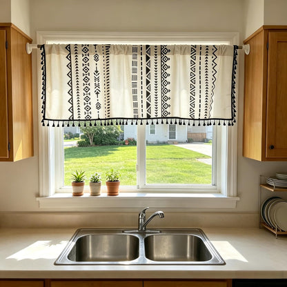 Coral Fish Boho Kitchen Window Valance Geometric Window Treatment Tiers for Bathroom with Black Ethnic Patterns & Fringe Macrame, Rod Pocket Small Curtain for Light-Filtering, 59" W x 20" L, 1 Panel