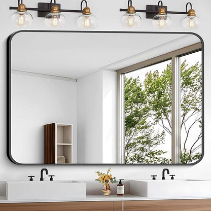 Bathroom Mirror, 48x36 inch Black Rectangle Wall Mirror, Metal Frame Rounded by WelcometoCIVENO