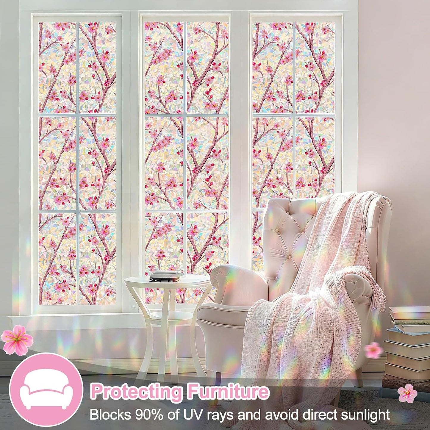 Countewol Stained Glass Privacy Window Film Static Cling Window Film Anti-Glare UV Protection Removable Decorative Window Clings for Home（Rainbow Sakura 78.7" L*17.5" W