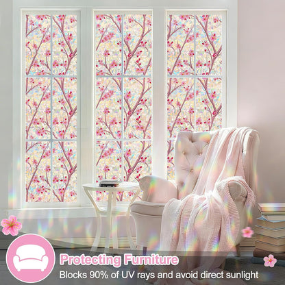 Countewol Stained Glass Privacy Window Film Static Cling Window Film Anti-Glare UV Protection Removable Decorative Window Clings for Home（Rainbow Sakura 78.7" L*17.5" W