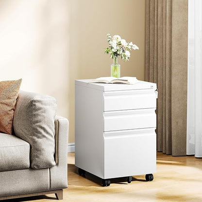 MIIIKO White Filing Cabinet 3 Drawers on Wheels Under Desk, Metal Rolling File - Image 7
