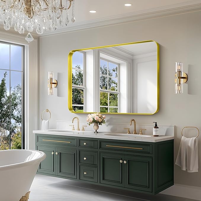 CIRCUMI Gold Bathroom Mirror, Rounded Corner, Tempered Glass, Large Mirror - Image 5