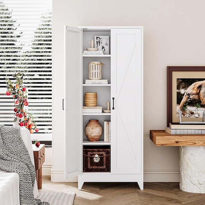 White Tall Farmhouse Metal Pantry Linen Storage Cabinet and Organizers - Image 3