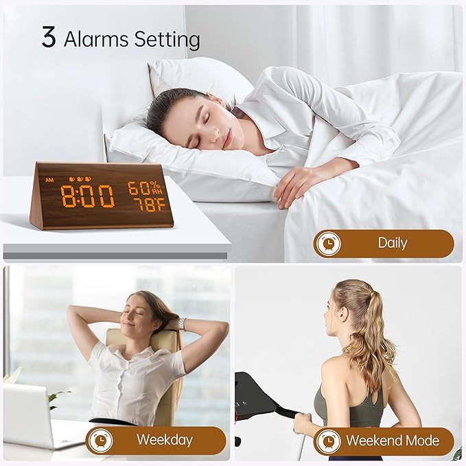 JALL Digital Alarm Clock, with Wooden Electronic LED Time Display, 3 Alarm - Image 5