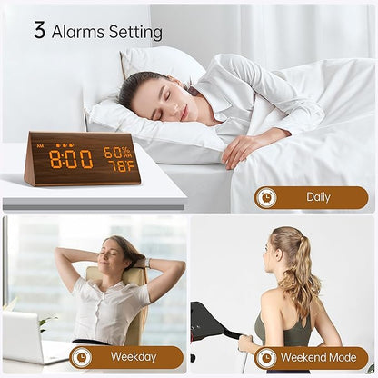 JALL Digital Alarm Clock, with Wooden Electronic LED Time Display, 3 Alarm - Image 5