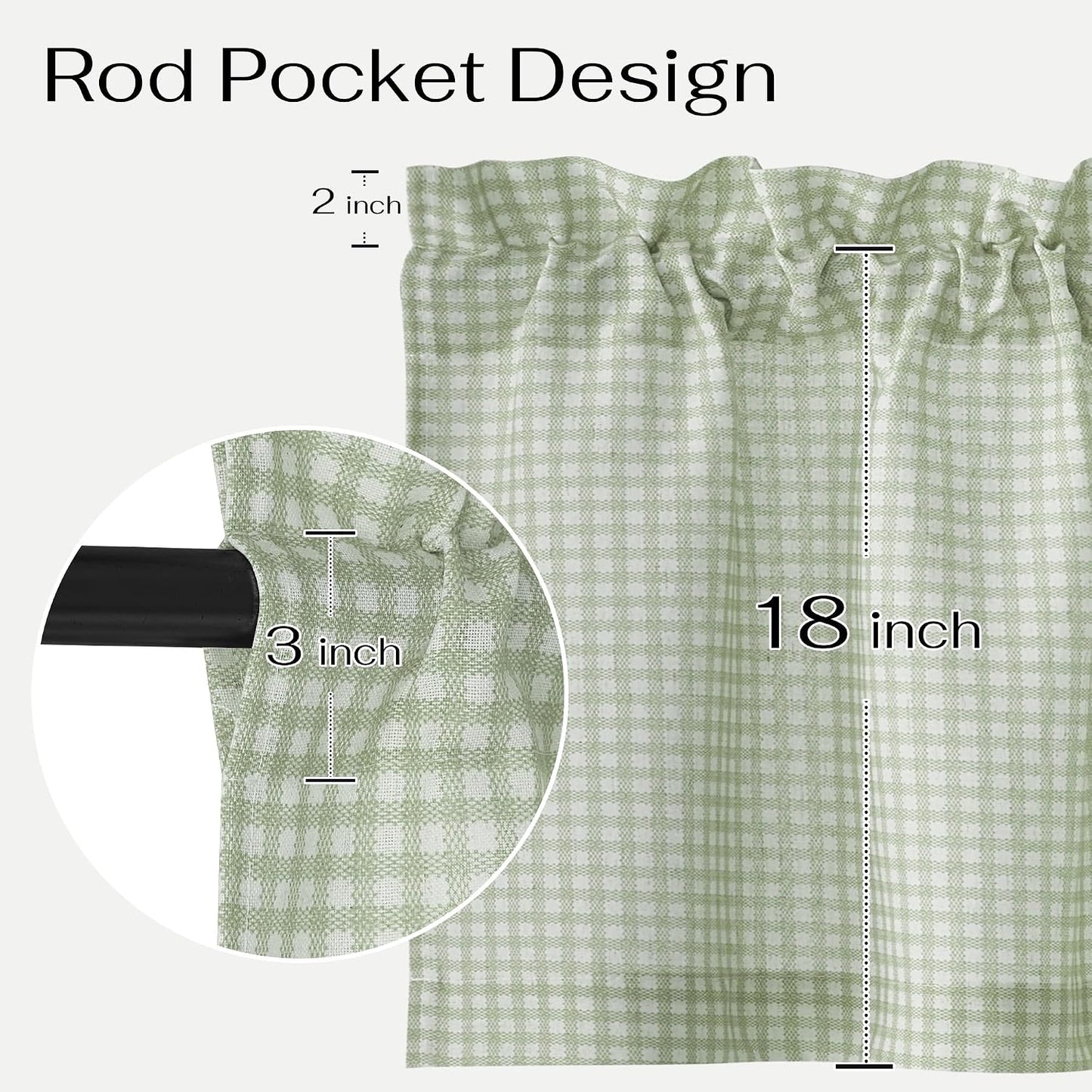 NICETOWN Sage Green Rustic Gingham Valance for Windows, 42" x 18", 1 Panel | Farmhouse Living Room Kitchen Room Bedroom Valances Rod Pocket Window Treatment