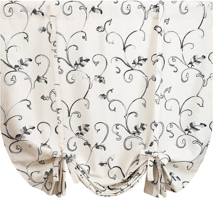 Gray Vine Embroidered Curtain Tie-Up Balloon Shade, 42 x 63 | Rod Pocket Top, Adjustable Ties, Light Filtering, 1 Panel, Farmhouse Style, Easy to Hang, for Kitchen Windows