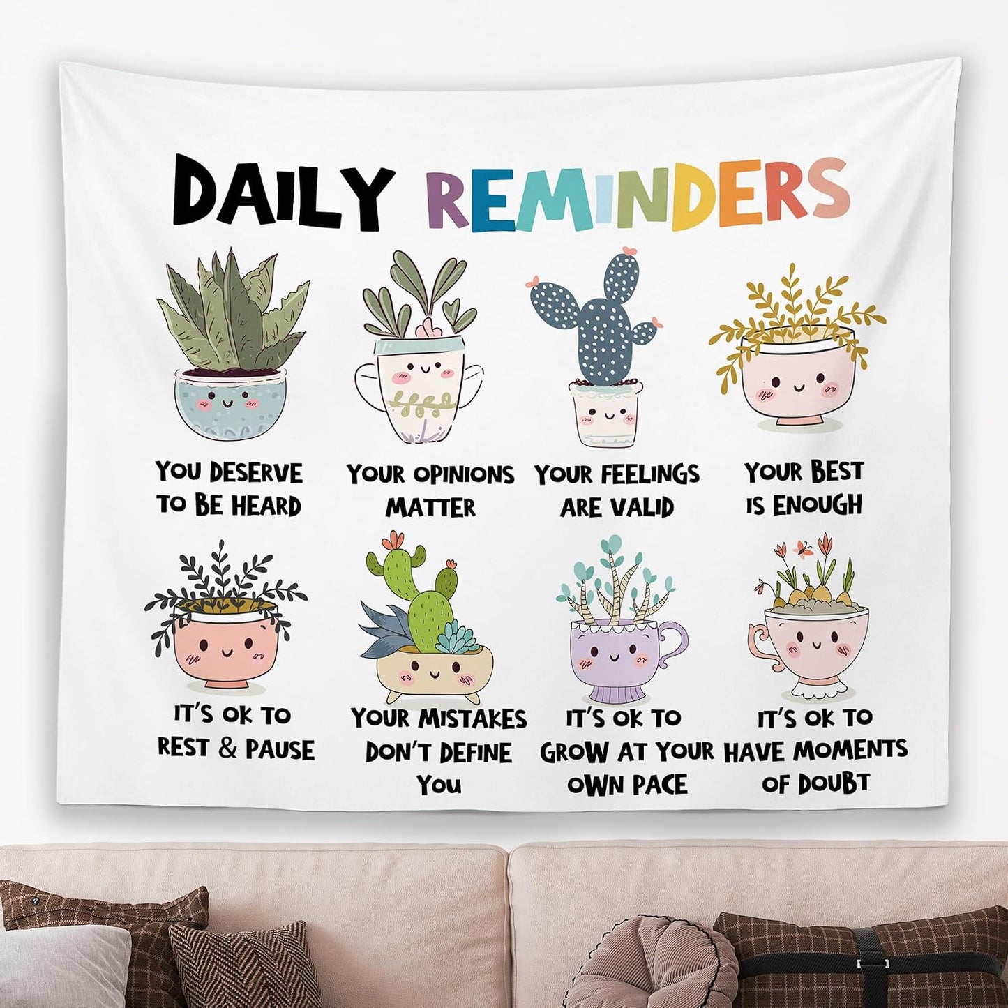 MNOSAIOO Mental Health Floral Wall Tapestry Hanging for Classroom Kids, Daily Reminders Tapestry, Inspirational Cute Cacti Tapestries Wall Decor for Bedroom Therapy Office School Counselor 60x50 inch
