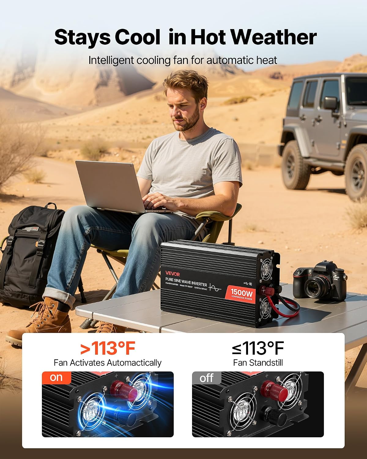 VEVOR 1500W Power Inverter, 12V DC to 120V AC Pure Sine Wave Inverter, Car Ch...