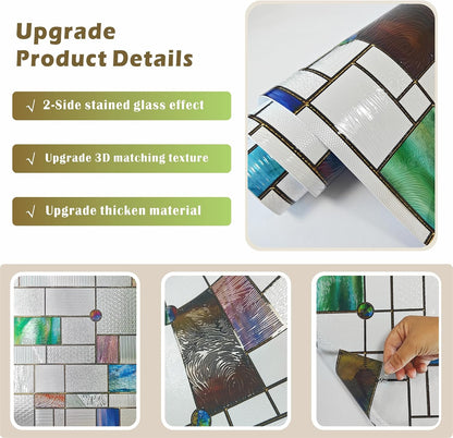 Stained Glass Window Film,16.9" x 78.7" 3D Decorative Static Cling Window Privacy Film,Non-Adhesive UV Blocking Heat Control Window Film (Simple Squares)