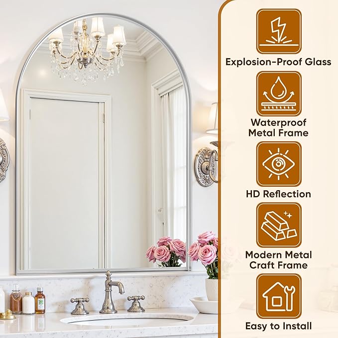 Arched Mirror 26"x38", Bathroom Mirror, Wall Mounted Vanity Mirror - Image 5