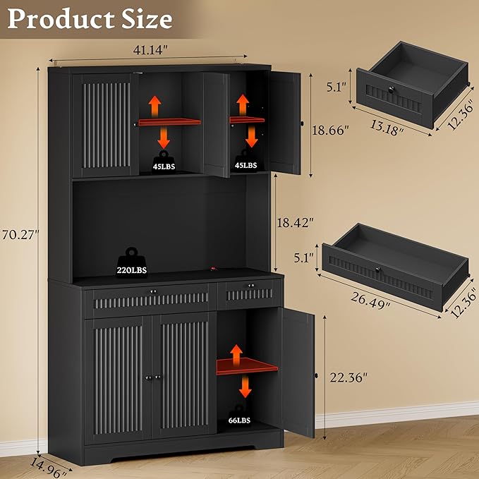 Pantry Cabinet with Charging Station and Light, Tall Kitchen Pantry Storage - Image 2