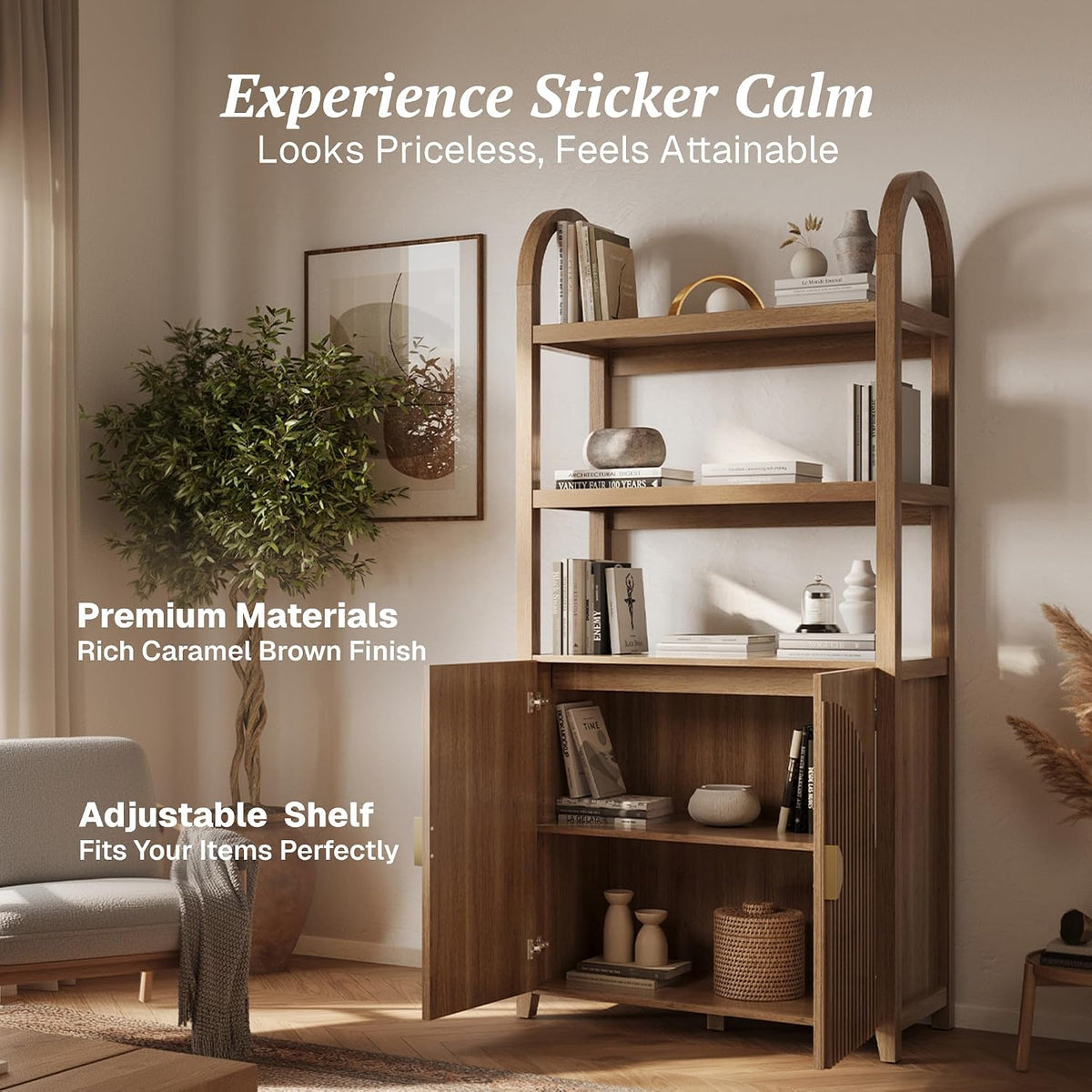 BELLEZE Book Shelf 72" Tall Arched Bookcase with Storage, 5 Tier Mid Cen...