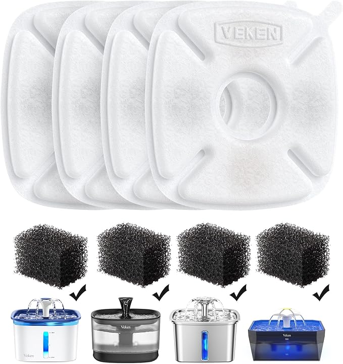 Veken Cat Water Fountain Filter, Classic 4 Pack Replacement Filters & 4 Pack by Veken