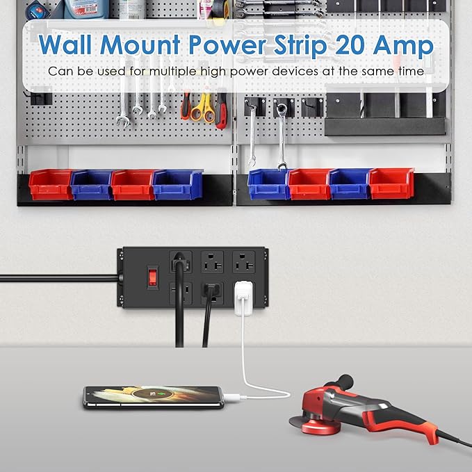 JUNNUJ Heavy Duty 20 Amp Power Strip, Garage 6 Outlets Metal 12 Gauge Surge - Image 4