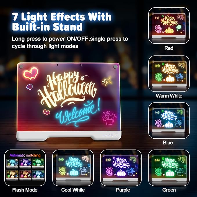 16-Inch Rechargeable Doodle Glow LED Note Board, 7-Color Light Modes, Neon Art - Image 4