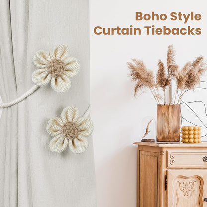 KLOGTSIND Flower Curtain Tiebacks, Decorative Curtain Holdbacks No Drill | 2 Pack Boho Curtain Ties, Elegant Curtain Holders Twist Tie Backs for Bedroom Decor, Nursery Decor, Farmhouse Decor