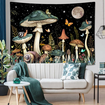 Zussun Green Mushroom Tapestry Moon Star Tapestries for Bedroom Aesthetic Starry Night Plant Tapastrys Wall Hanging Butterfly Snail Frog Wall Tapestry for Living Room Dorm (Dark, 48" x 36")