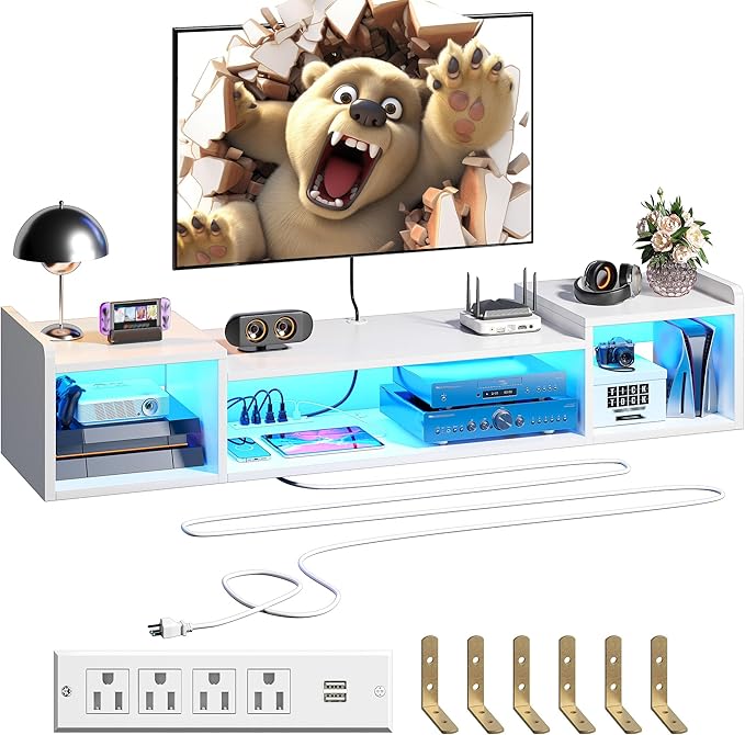 55.1"W Floating TV Stand with LED Lights & Power Outlets by Romorgniz