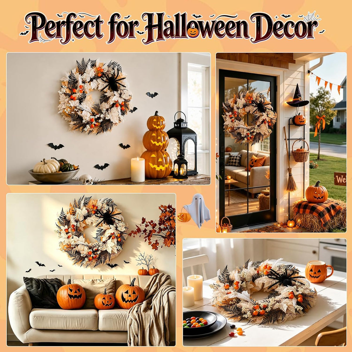 Grooy 24 Inch Halloween Wreath for Front Door with Spider Maple Leaf