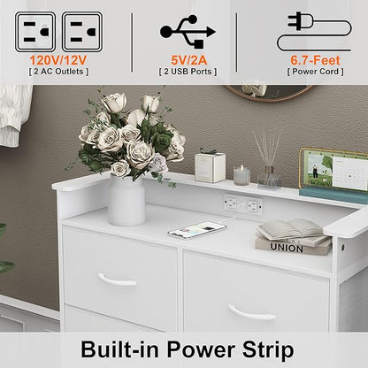 White Dresser for Bedroom with Power Outlets and LED Lights Narrow 8 Fabric - Image 4