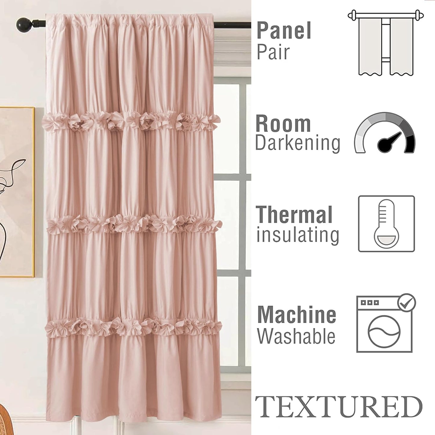 Thermal Insulated Window Curtains, 42" W x 63" L (Pair) | Ruched Blackout Window Treatments with 3 Rows of Butterfly Flowers, Rustic Rod Pocket Drapes for Room, Peach Pink (LQ-30)
