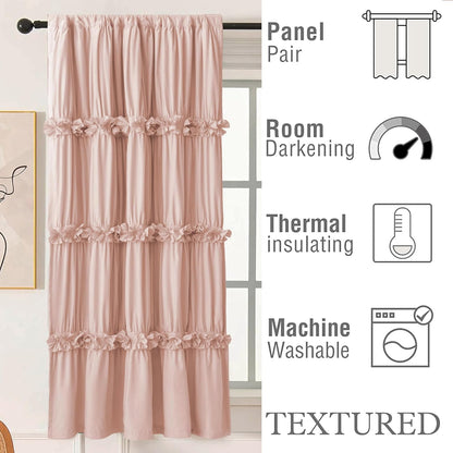 Thermal Insulated Window Curtains, 42" W x 63" L (Pair) | Ruched Blackout Window Treatments with 3 Rows of Butterfly Flowers, Rustic Rod Pocket Drapes for Room, Peach Pink (LQ-30)