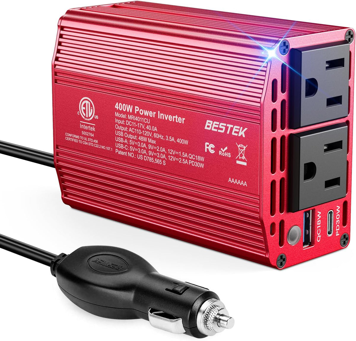 BESTEK 400W Car Power Inverter 12V to 110V Car Charger Plug Adapter[Red]
