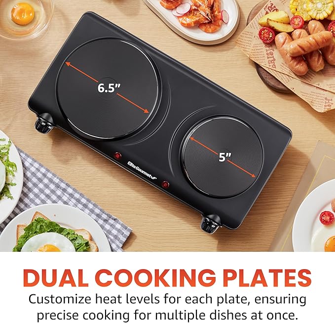 Elite Gourmet EDB-302BF# Countertop Double Cast Iron Burner, 1500 Watts - Image 3