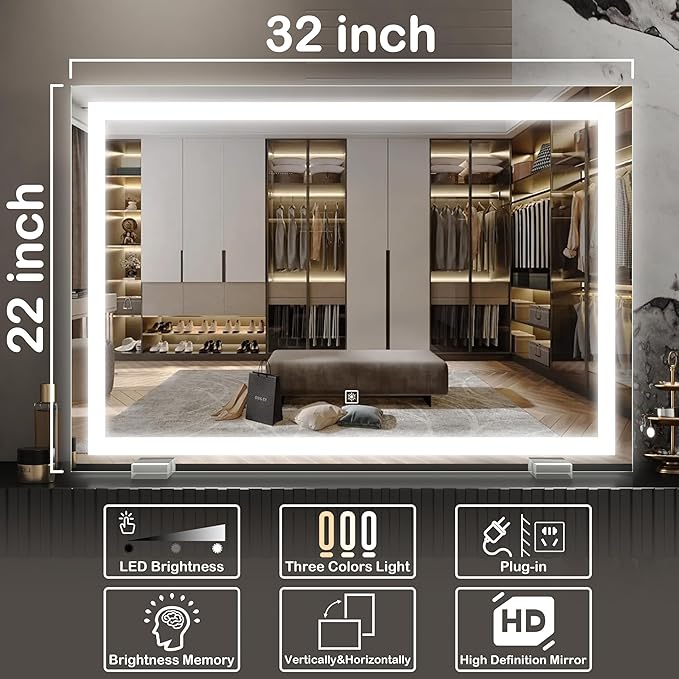 FENNIO Makeup Mirror with Lights 32"x22" ，LED Makeup Mirror ，Large Vanity - Image 3