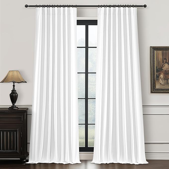 Solid White Blackout Linen Curtains 96 Inches Long by QJMYDECO