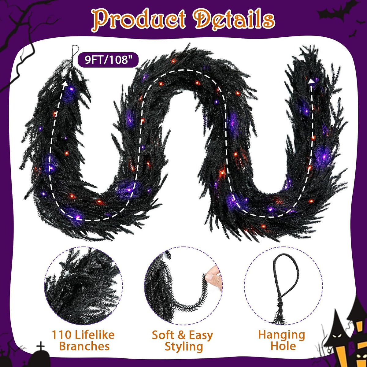 9FT Soft Touch Black Norfolk Pine Halloween Garland with Timer Lights