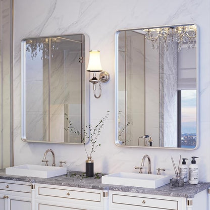 ISKM Silver Bathroom Mirror, 36 x 28 Inch Metal Rounded Rectangular Wall - Image 6