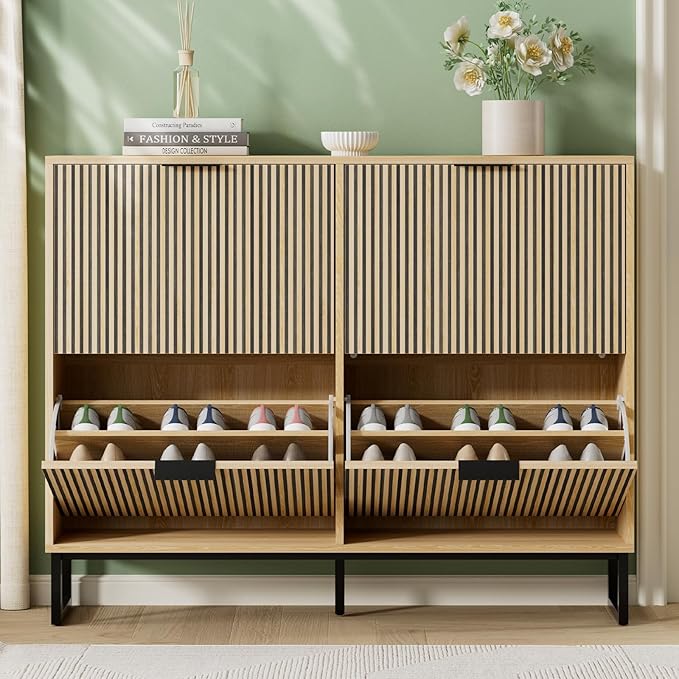 Shoe Cabinet Storage with 4 Flip Drawers, Narrow Hidden Shoe Organizer Cabinet - Image 3