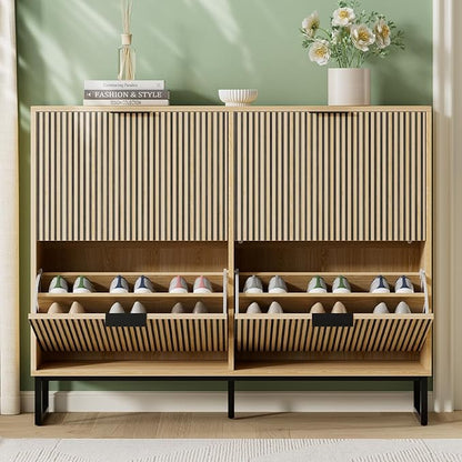 Shoe Cabinet Storage with 4 Flip Drawers, Narrow Hidden Shoe Organizer Cabinet - Image 3