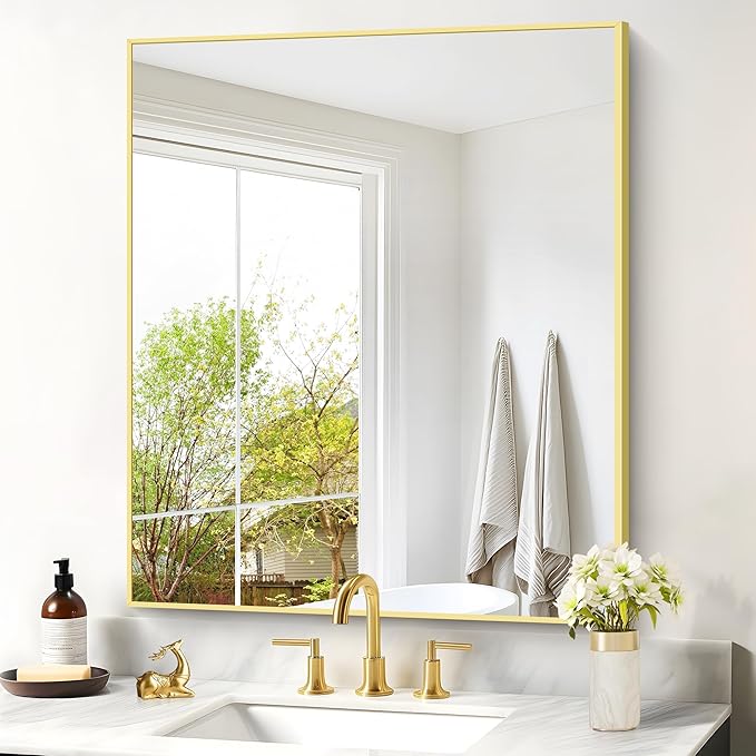 Gold Bathroom Mirror for Wall, 30x36 Inch Rectangle by Welcometocofeny