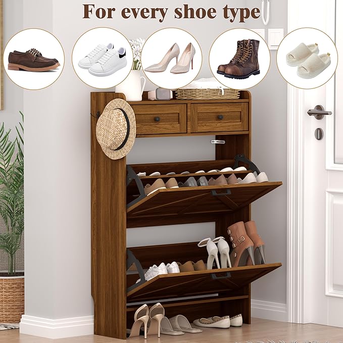 Shoe Cabinet with 2 Flip Drawers & 2 Storage Drawers, Rustic Farmhouse Narrow - Image 7