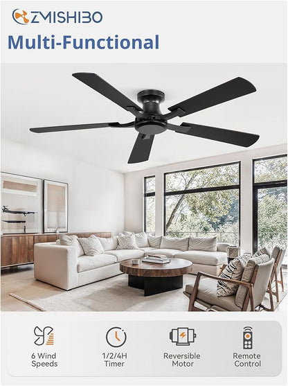 ZMISHIBO 52 Inch Ceiling Fan No Light, Flush Mount Low Profile, Modern Black - Image 2