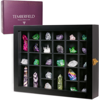 Premium Rock Display Case – Wooden Shadow Box with Shelves for Crystals, Seashell & Figurines – 30 Adjustable Compartments – Real Glass Door – Elegant Storage for Collectibles