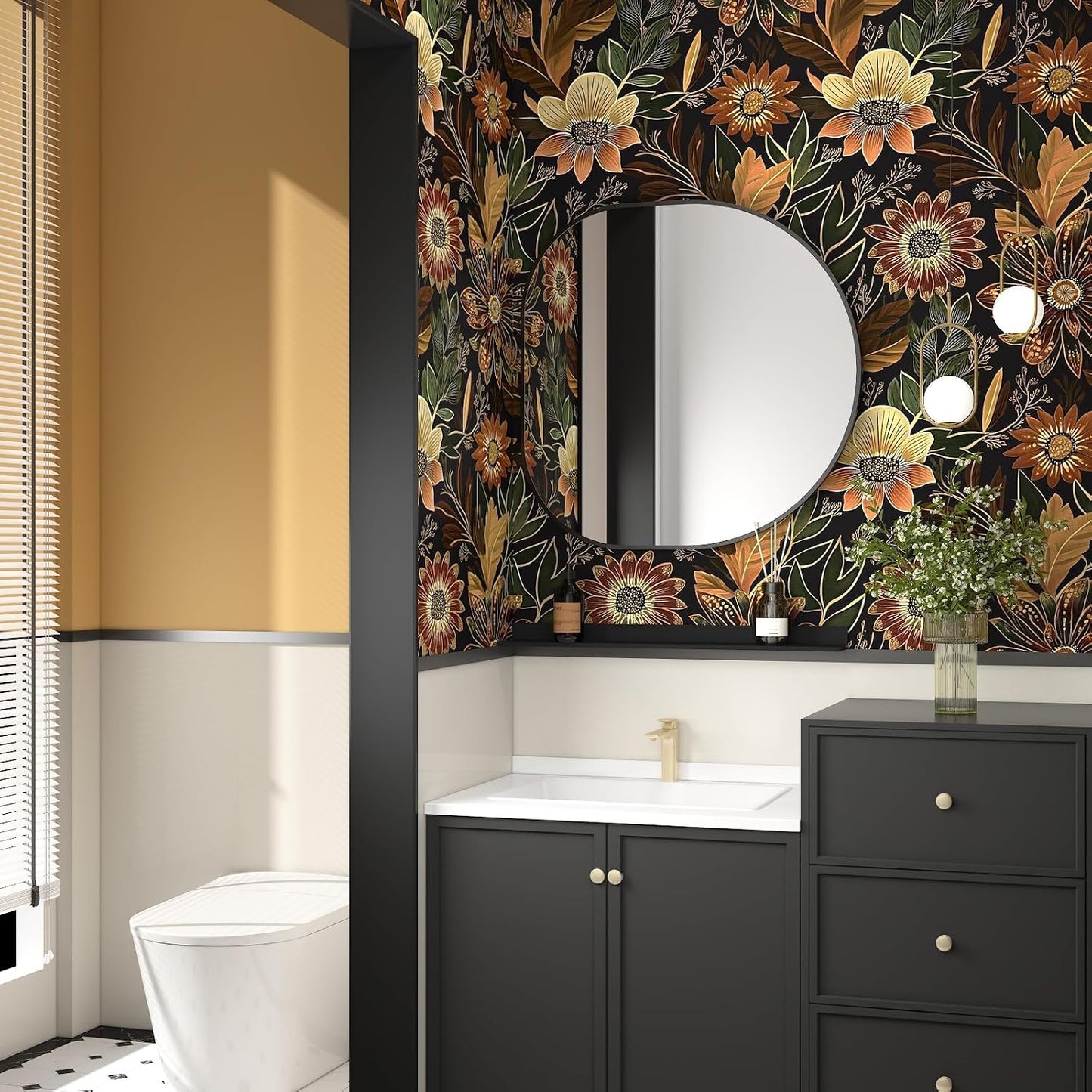 Boho Dark Black Gold Floral Wallpaper Peel and Stick 17.5"x393" | Self Adhesive/Removable/Waterproof/Thick Vinyl Contact Paper for Bathroom Bedroom Shelf Cabinet Drawer,Prepasted,Easy Peel