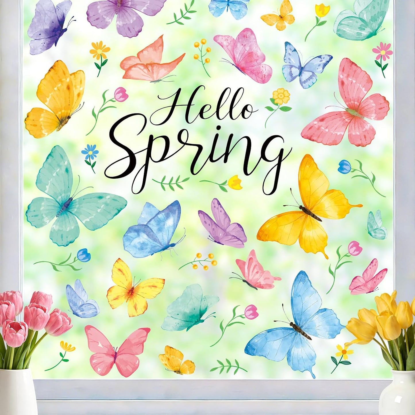8 Sheets Spring Window Clings Stickers Butterfly Floral Window Decals | Holiday Party Home Office Shop Glass Display Decoration