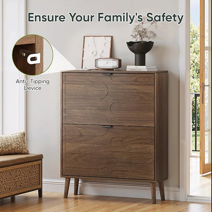 Shoe Cabinet with 2 Flip Drawers, Freestanding Shoe Storage Cabinet with Fluted - Image 4