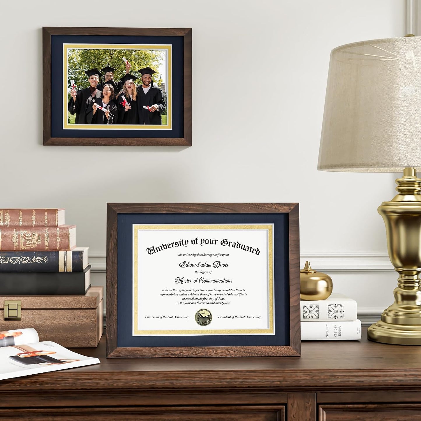 Fun Memories Walnut Wood 11x14 Diploma Frame, 100% Solid Walnut Wood Certificate Picture Frame with High Definition Glass, Document Frame for Wall and Tabletop, Blue Mat